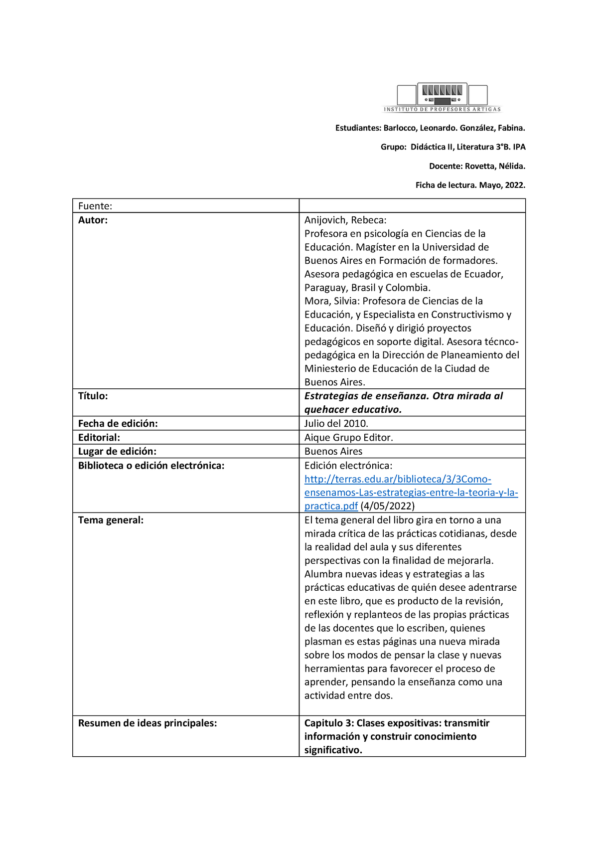 Ficha De Lectura. Estrategias De Enseñanza. Anijovich Y Mora ...