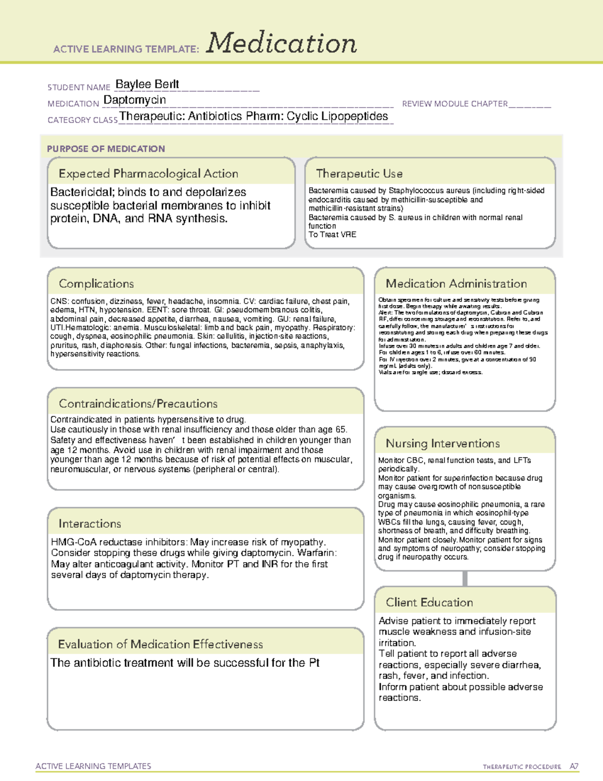 Daptomycin Med Sheet ACTIVE LEARNING TEMPLATES THERAPEUTIC PROCEDURE