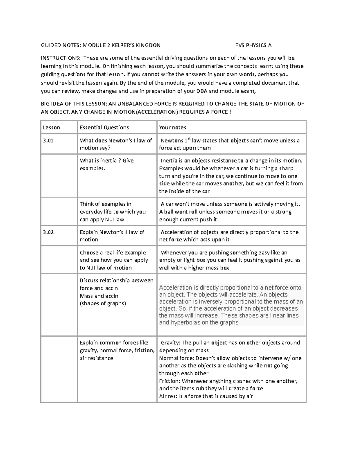 Guided Notes MOD 3- Fvsphysics A-1 - GUIDED NOTES: MODULE 2 KELPER’S ...