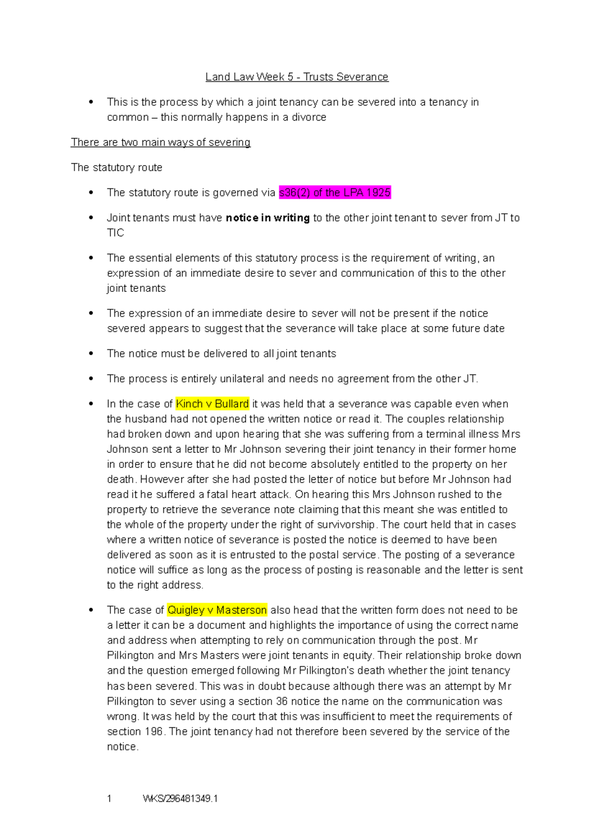 Land Law Trusts Severance Land Law Week 5 Trusts Severance This is