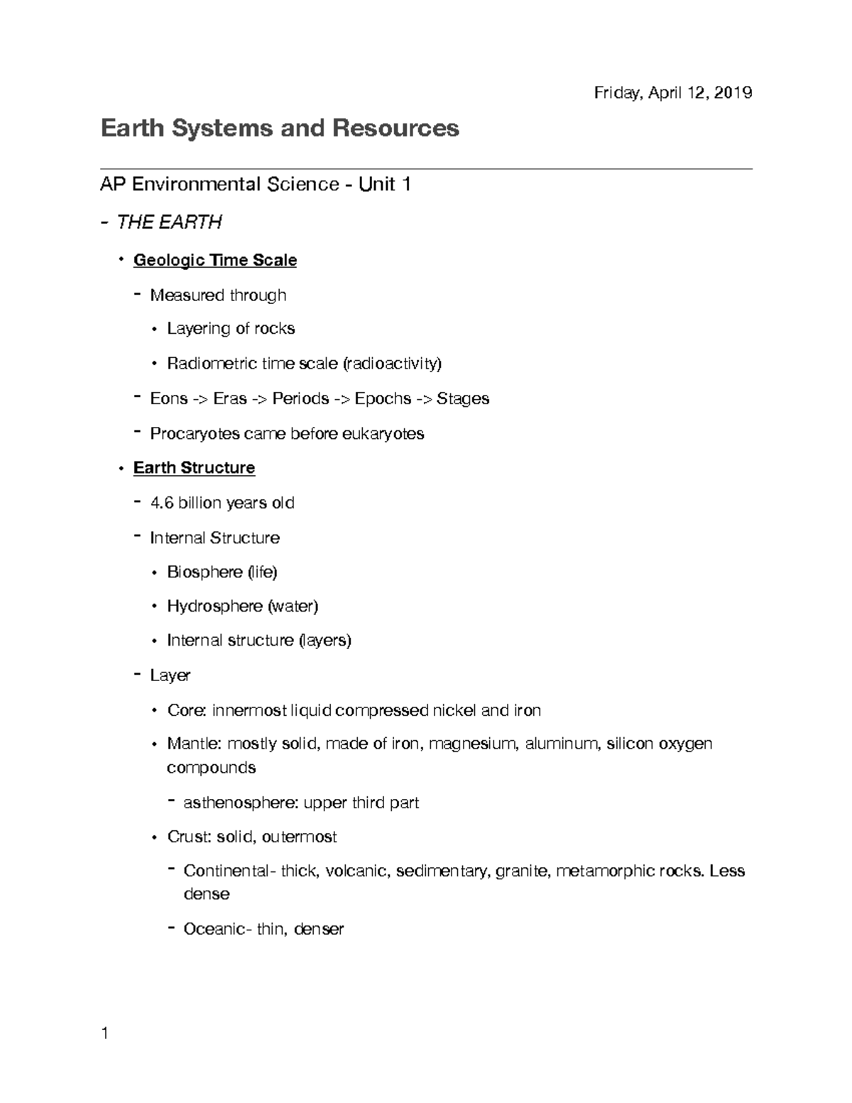 Earth Science Concepts 1 APES (PDF) Earth Systems and Resources