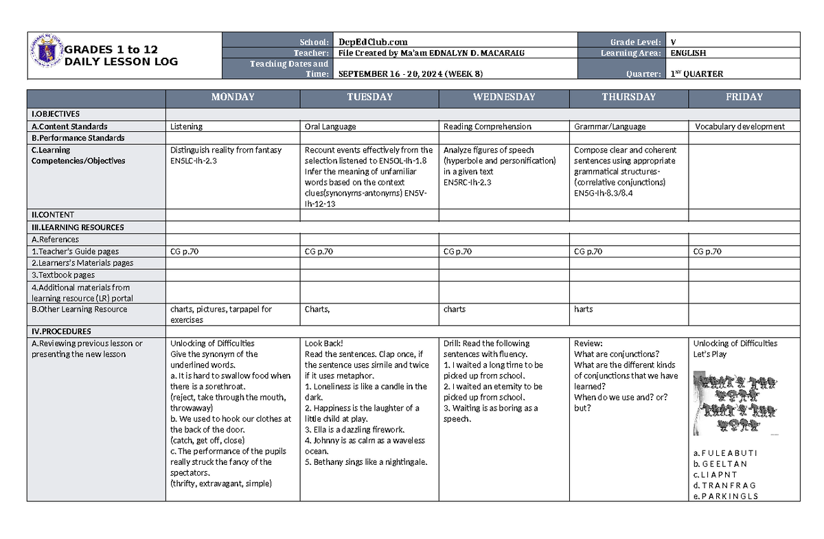 DLL English 5 Q1 W8 - template - GRADES 1 to 12 DAILY LESSON LOG School ...