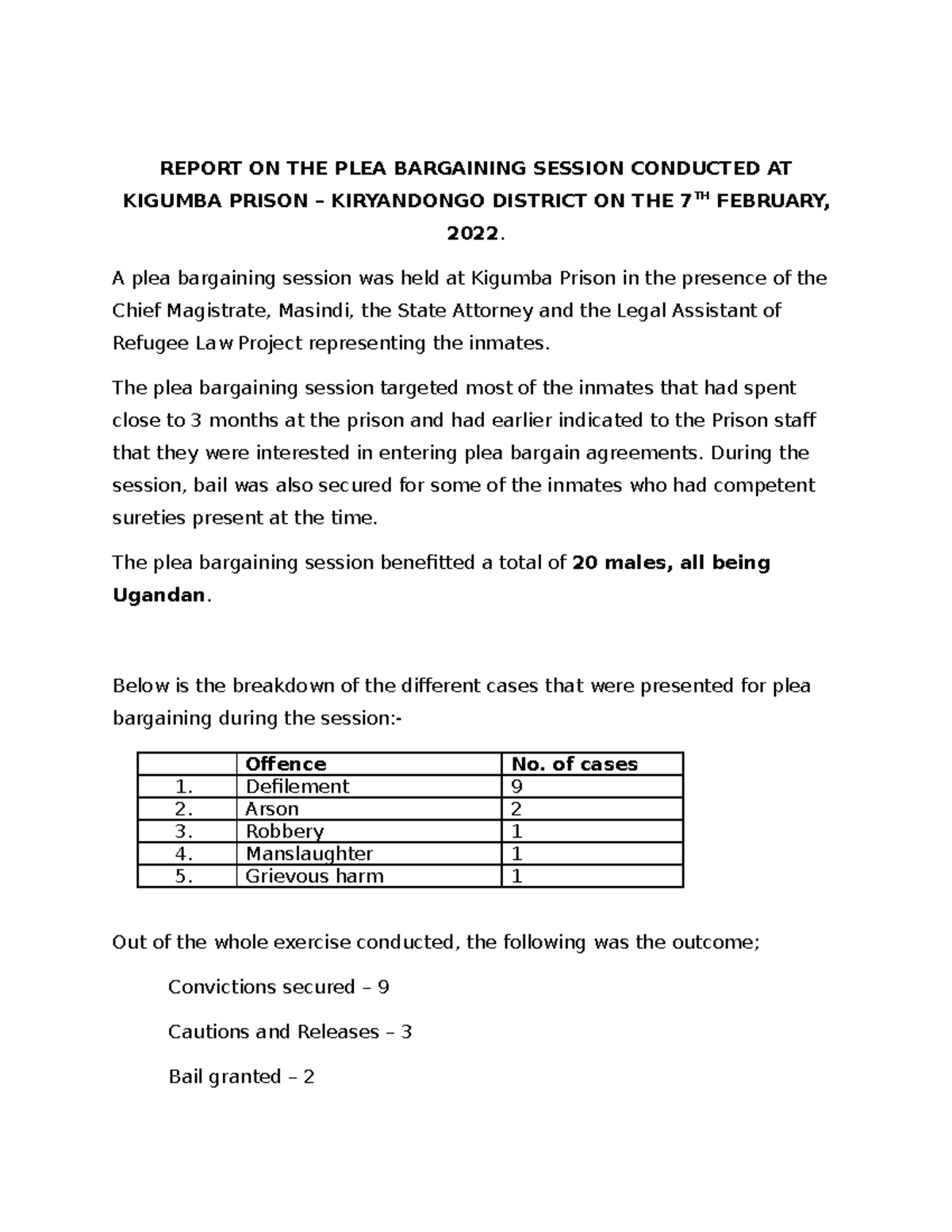 Plea Bargain - Kigumba - REPORT ON THE PLEA BARGAINING SESSION ...