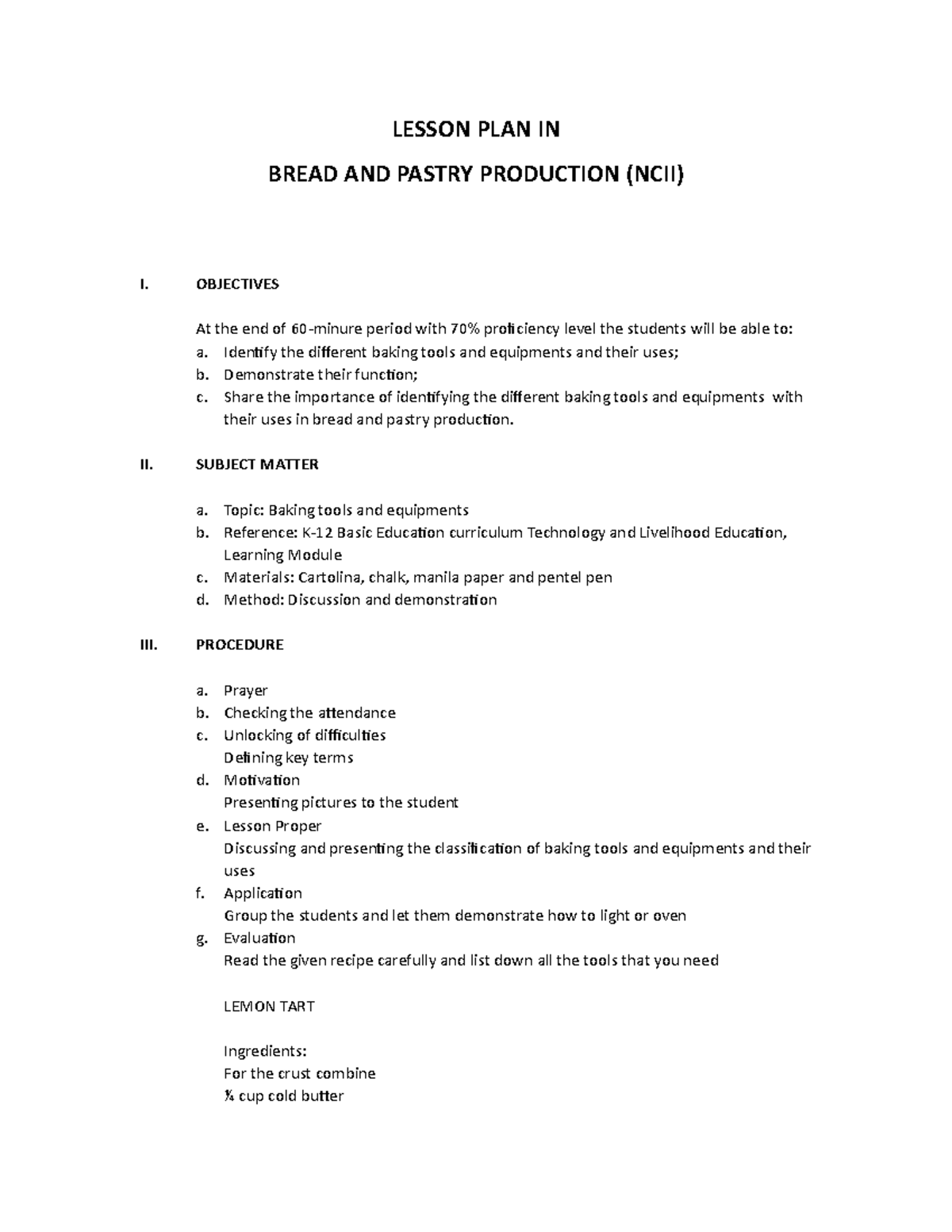 Lesson PLAN IN Bread AND Pastry Producti - LESSON PLAN IN BREAD AND ...