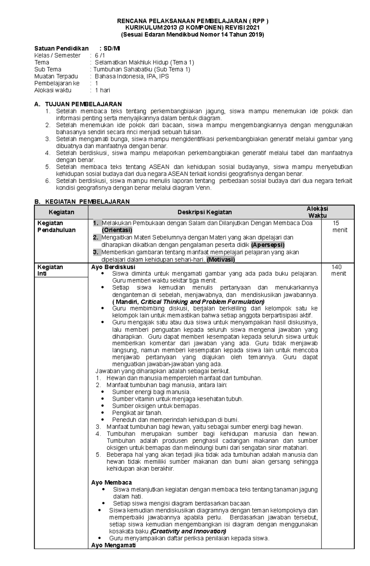 6.1.1.1 - Kelas 6 T1 ST1 PB1 - RENCANA PELAKSANAAN PEMBELAJARAN ( RPP ...