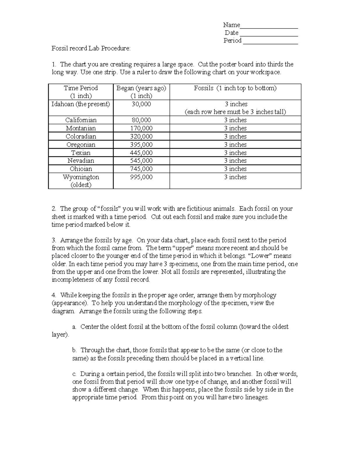 Fossil Lab Record Date _________________ Period