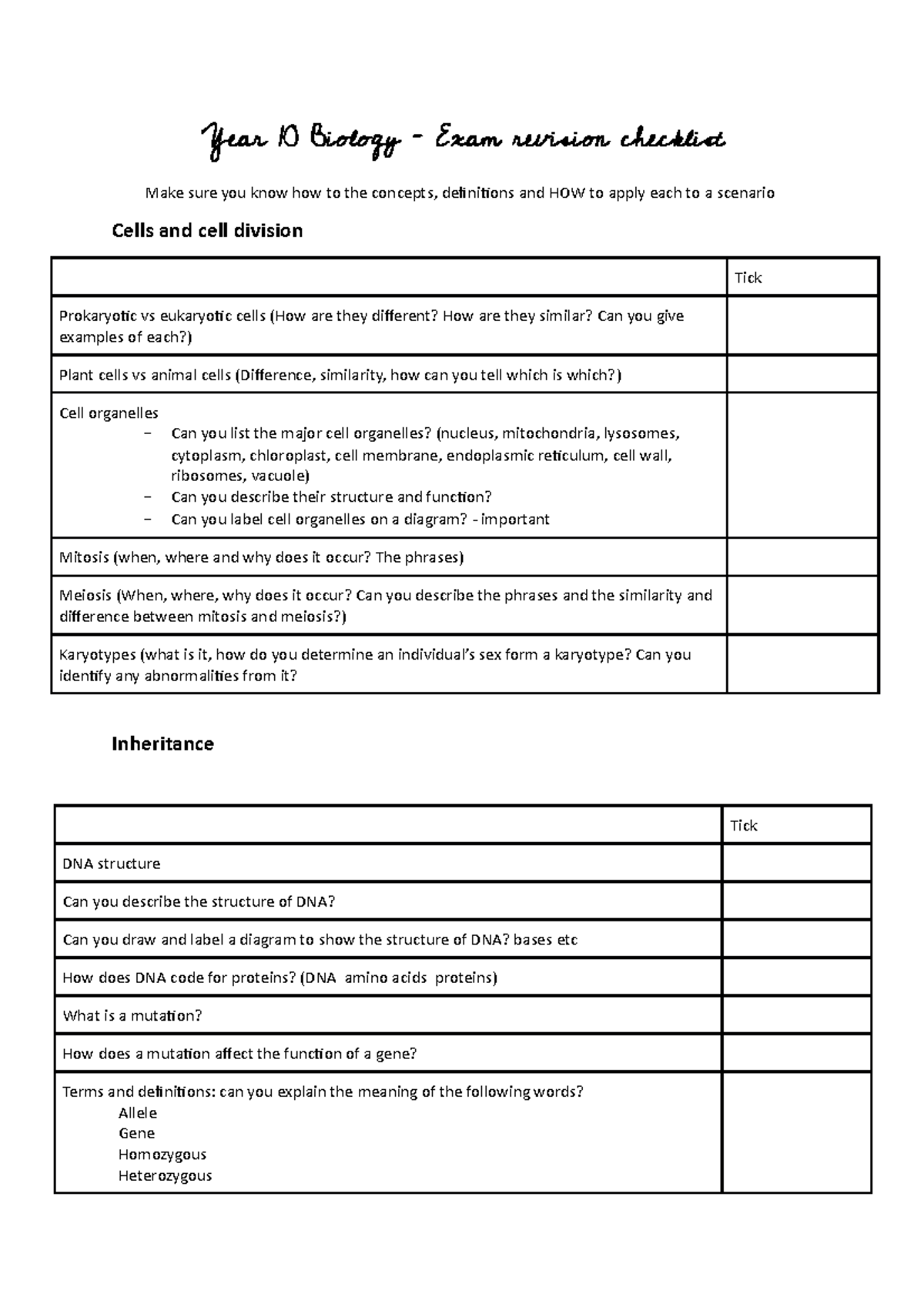 Biology Exam Checklist - Year 10 Biology – Exam Revision Checklist Make ...