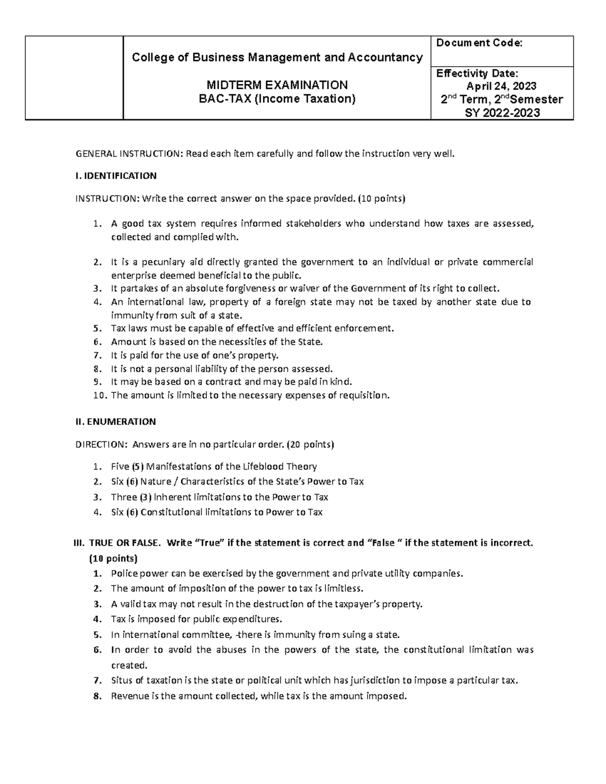 Income TAX Midterm Exams - College Of Business Management And ...