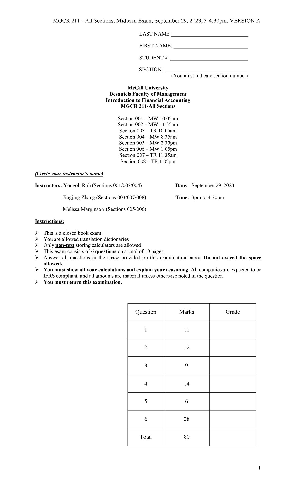 MidTerm Fall 2023 Version A Solutions Copy LAST NAME