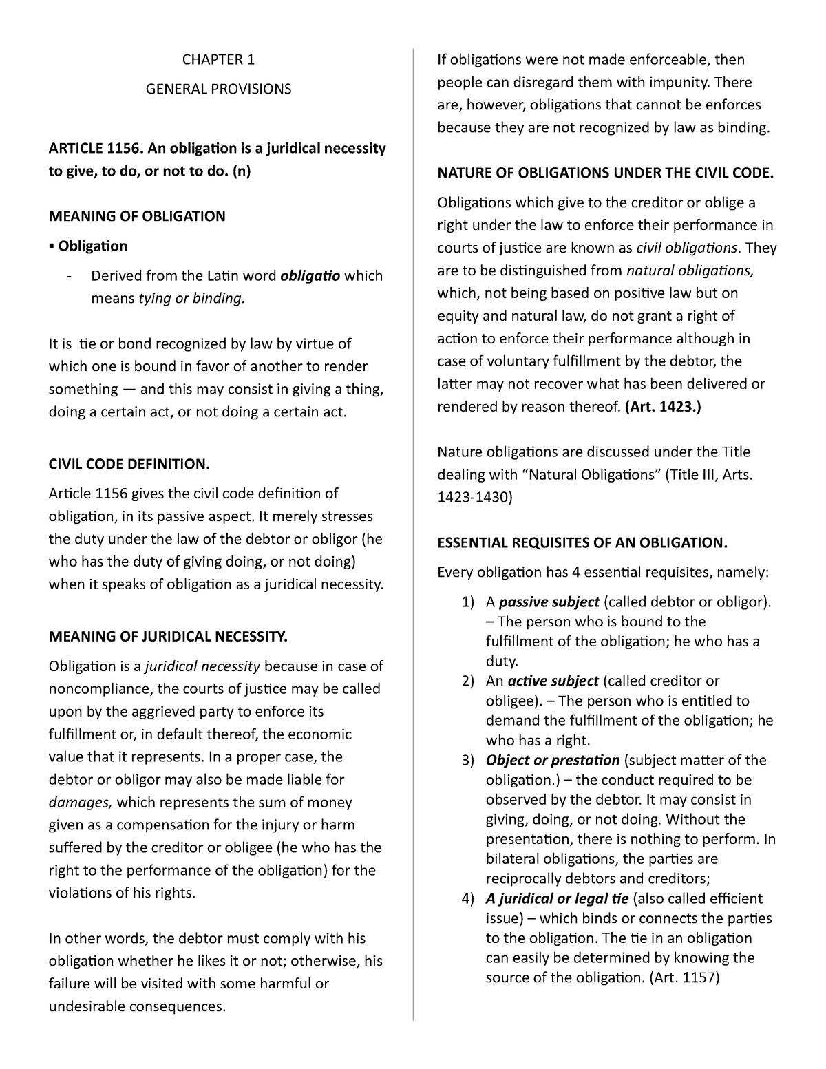 Chapter 1 - NOTES - CHAPTER 1 GENERAL PROVISIONS ARTICLE 1156. An ...