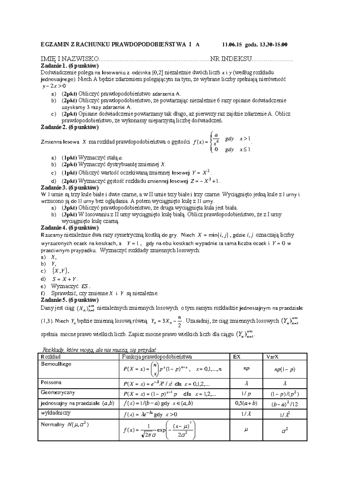 Przykladyegzaminów RPI - EGZAMIN Z RACHUNKU PRAWDOPODOBIEŃSTWA I A 11.