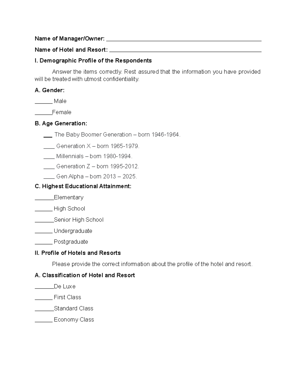 Questionnaire about waste management - Name of Manager/Owner: Name of ...