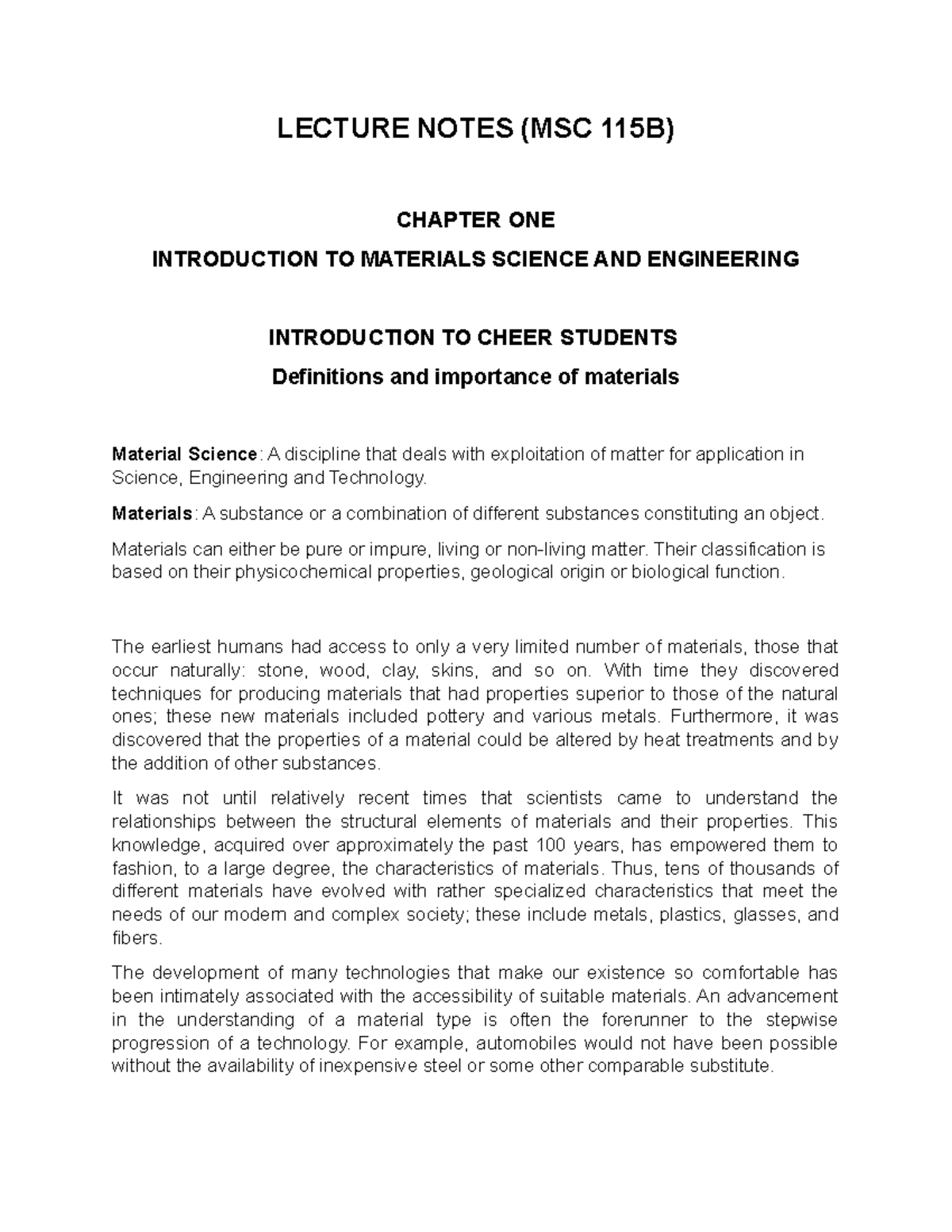 Lecture Notes Material Science for First year students LECTURE NOTES