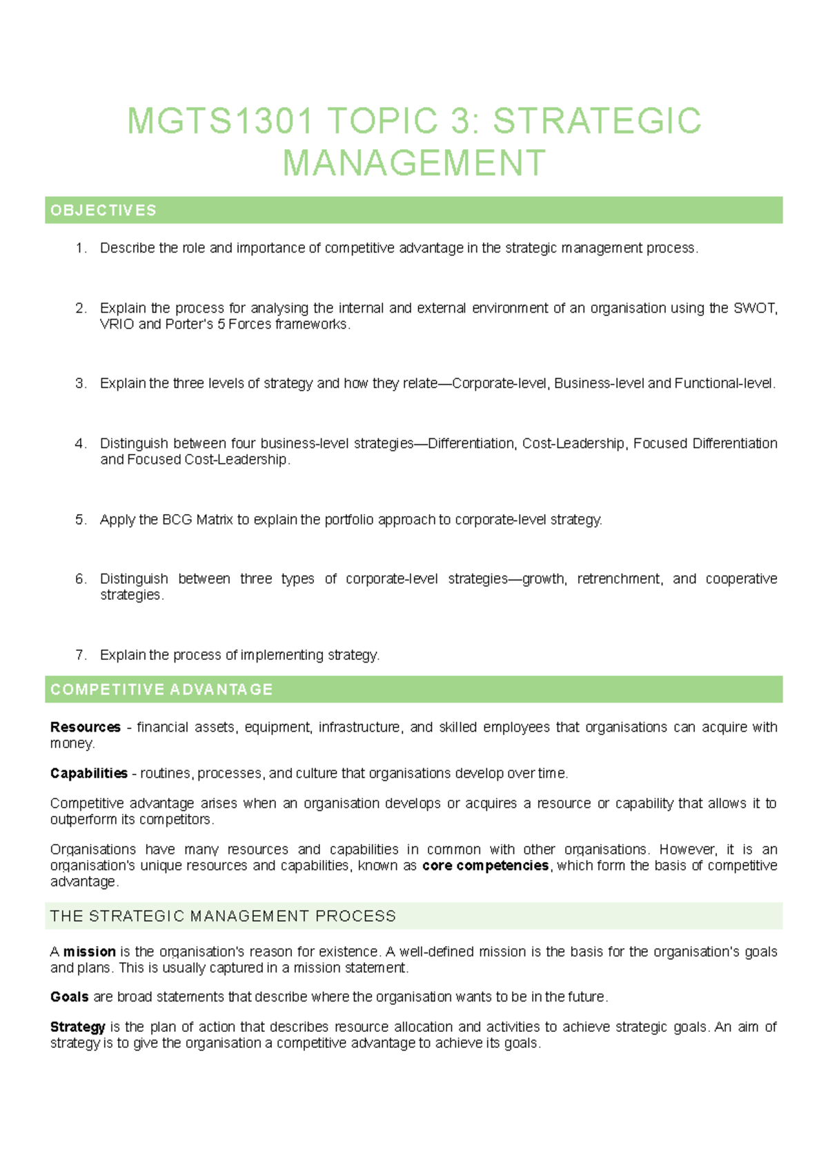 MGTS1301 Topic 3 Strategic Management - MGTS1301 TOPIC 3: STRATEGIC ...