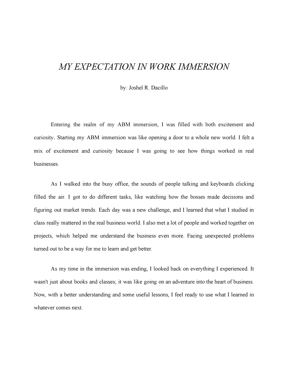 work immersion expectation essay