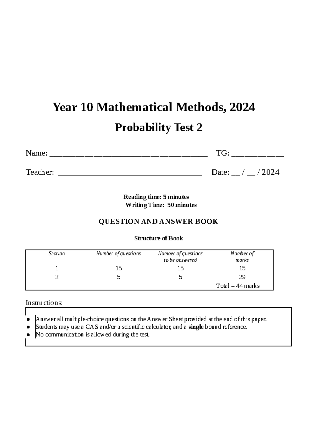 10MM Probability Test 2 - Year 10 Mathematical Methods, 202 4 ...