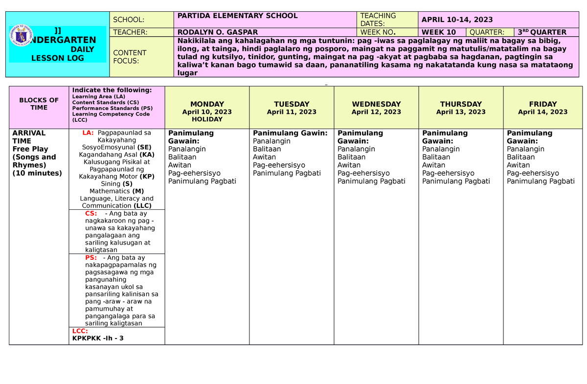 Dll Melc Wk30 Week30 Kindergarten Daily Lesson Log School Partida Elementary School 6849