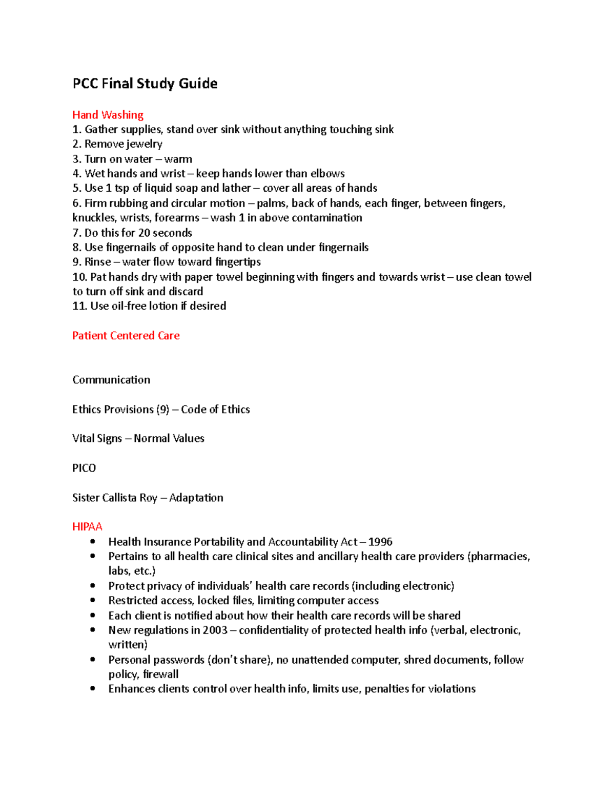 Patient Centered Care Final Study Guide - PCC Final Study Guide Hand ...