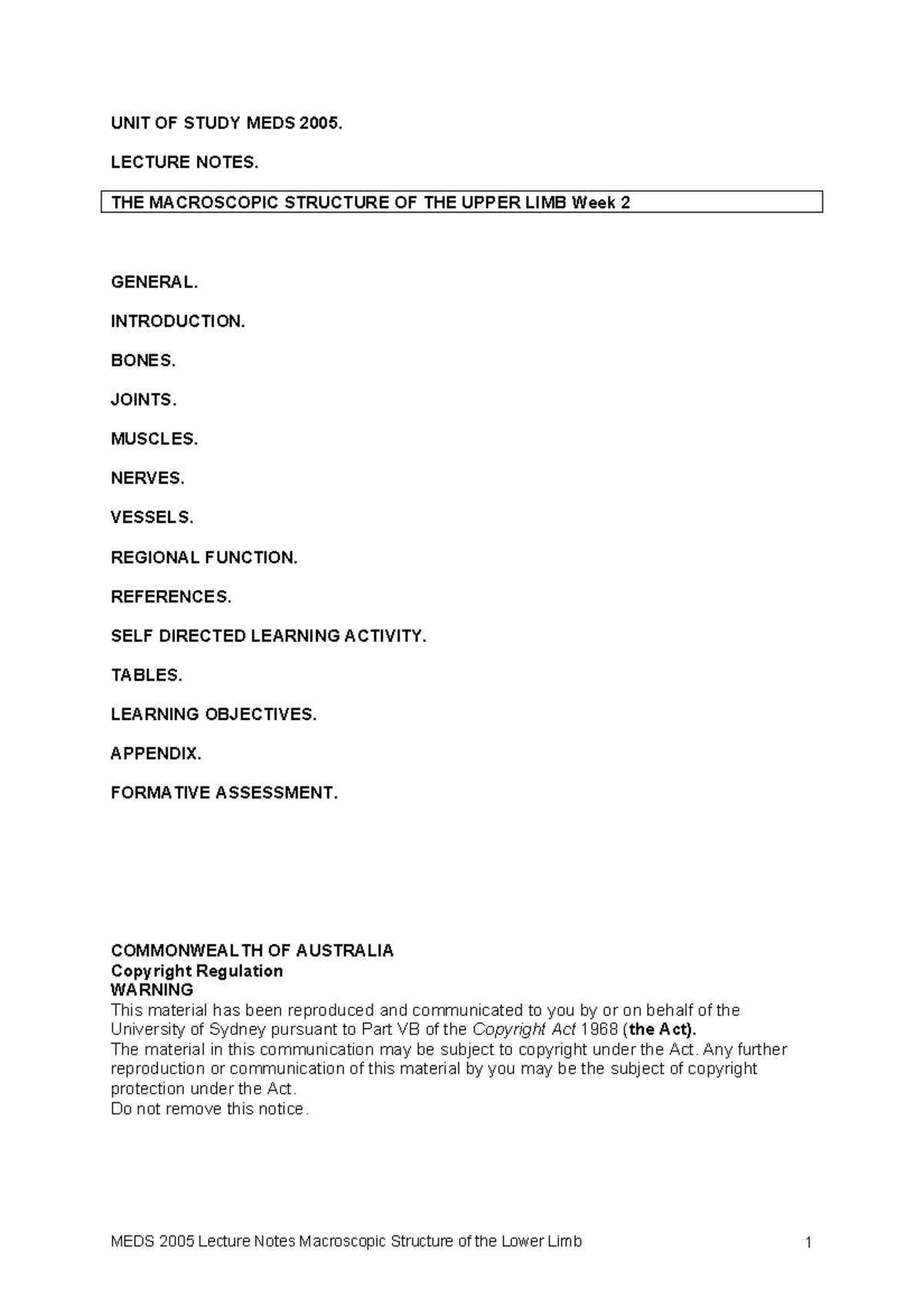 MEDS2005 Lecture Notes - UNIT OF STUDY MEDS 2005. LECTURE NOTES. THE ...