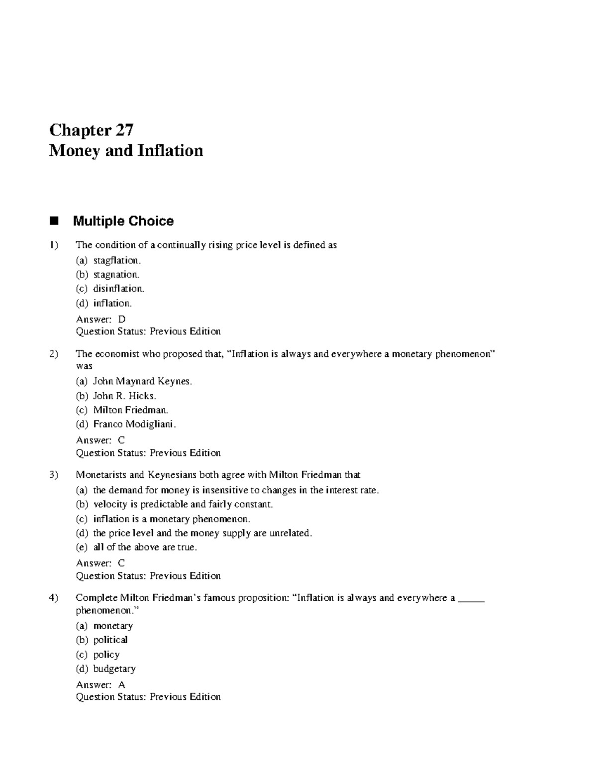 Economics quiz 1 Chapter 27 Money and Inflation Multiple Choice The