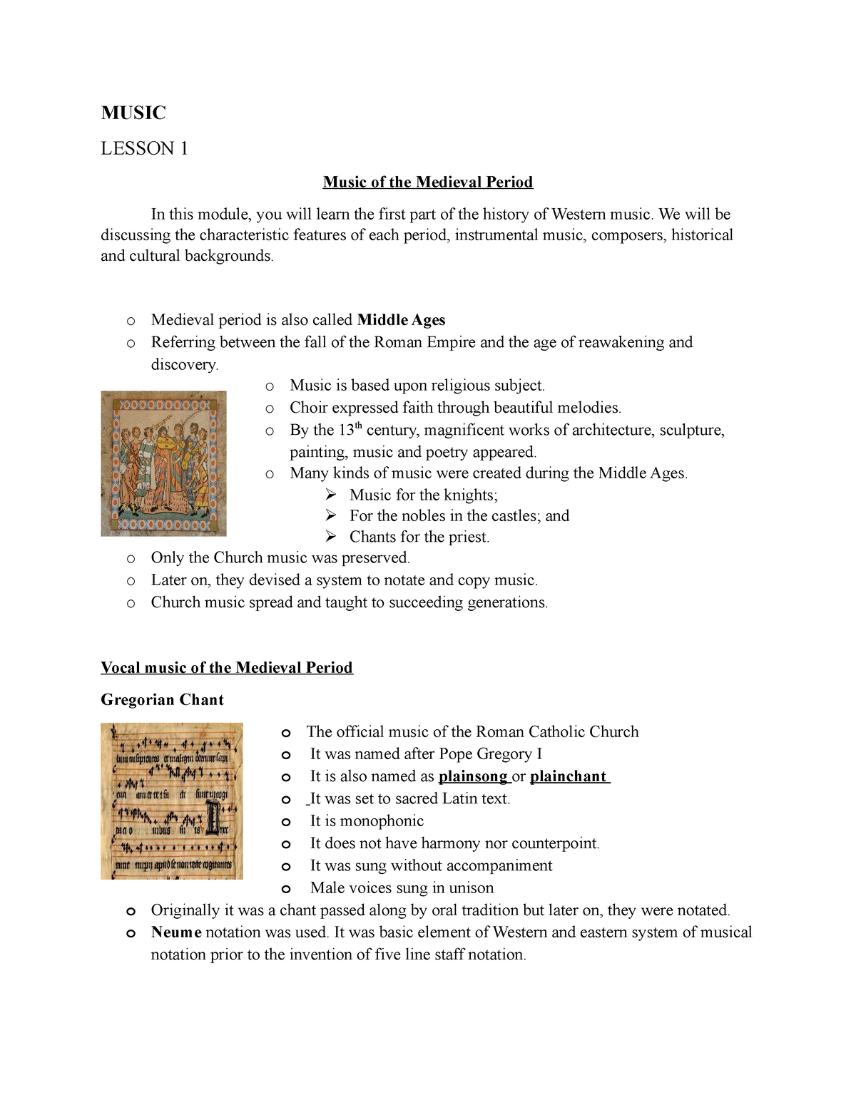 Grade 9 Music And Arts Q1 MOD1 - MUSIC LESSON 1 Music Of The Medieval ...