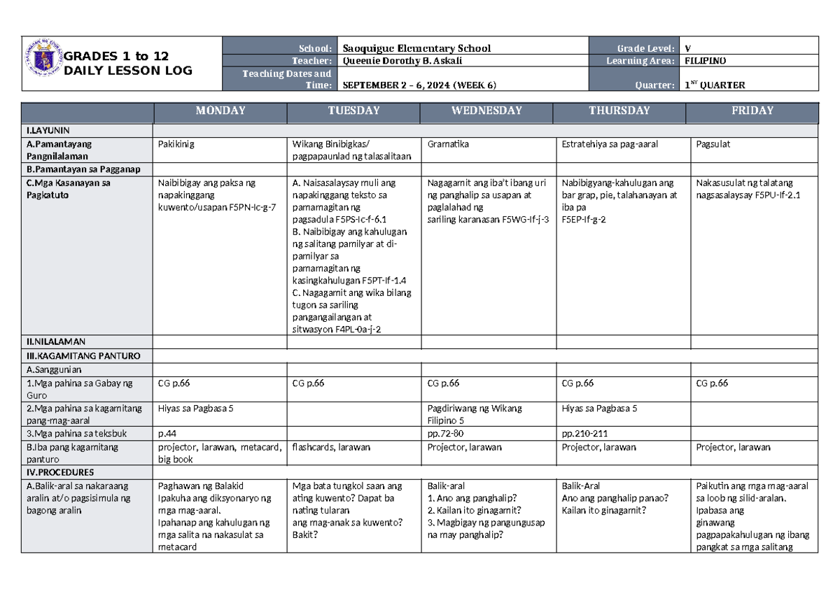 DLL Filipino 5 Q1 W6 - daily lesson log - GRADES 1 to 12 DAILY LESSON ...