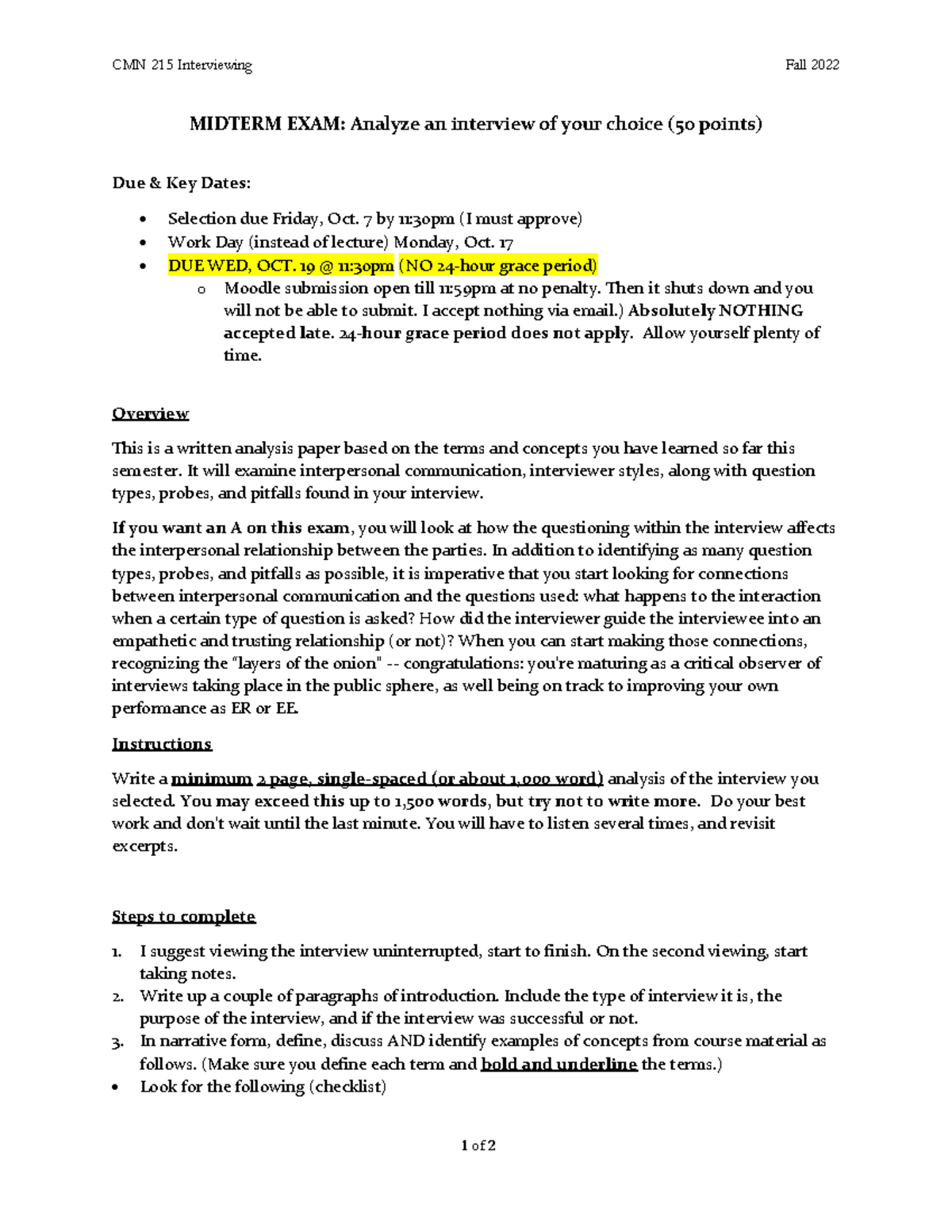 Assignment Sheet Midterm Exam Analysis Fall 2022 CMN 215 Interviewing