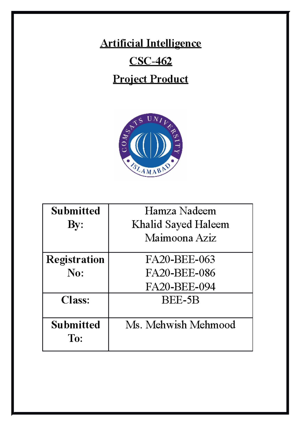 Ai project code - lab practicals - Artificial Intelligence CSC- Project ...