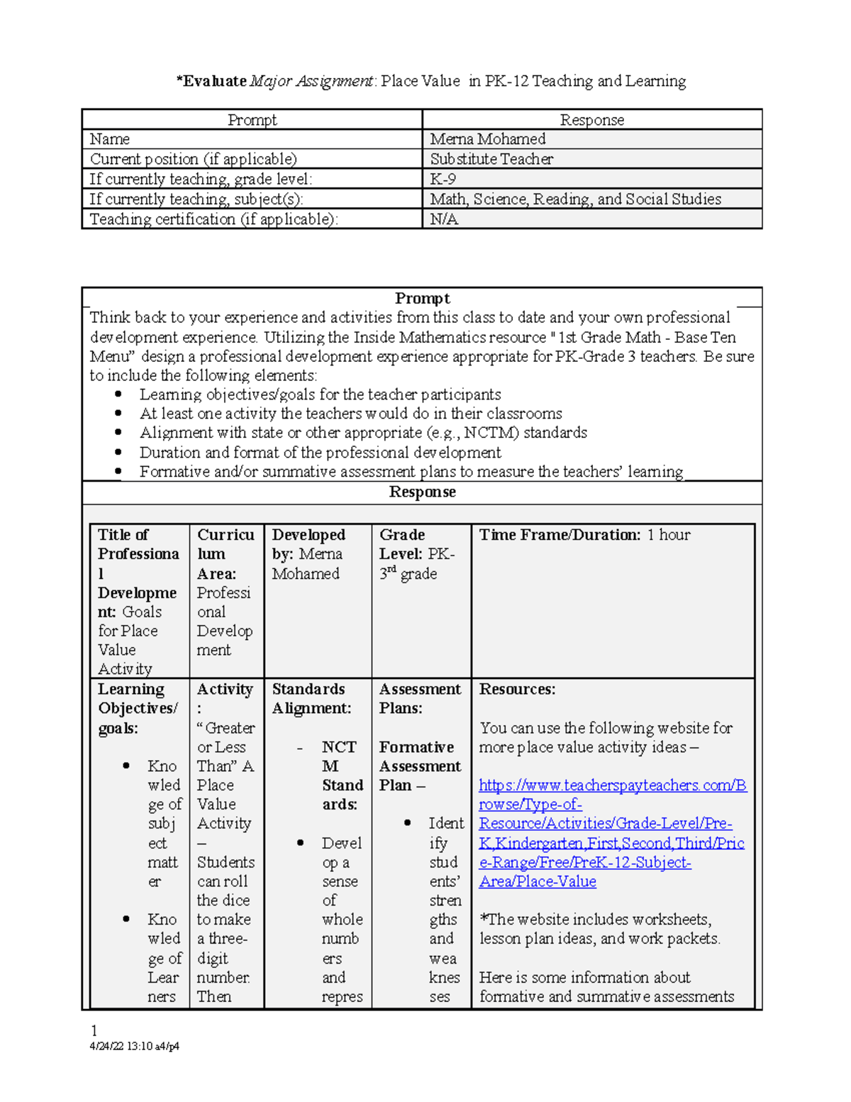 assignment place definition