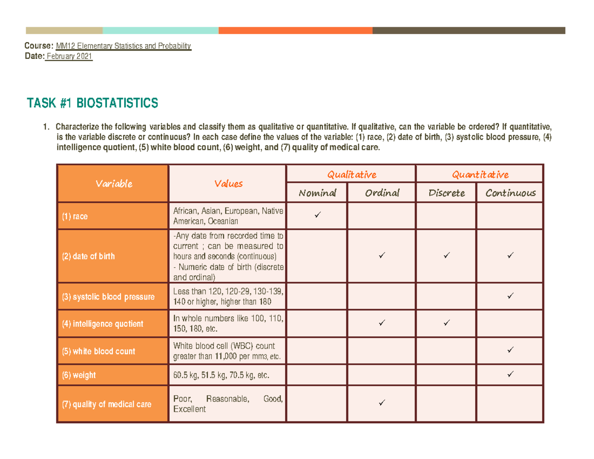 Biostatistics - Characterize the following variables and classify them ...