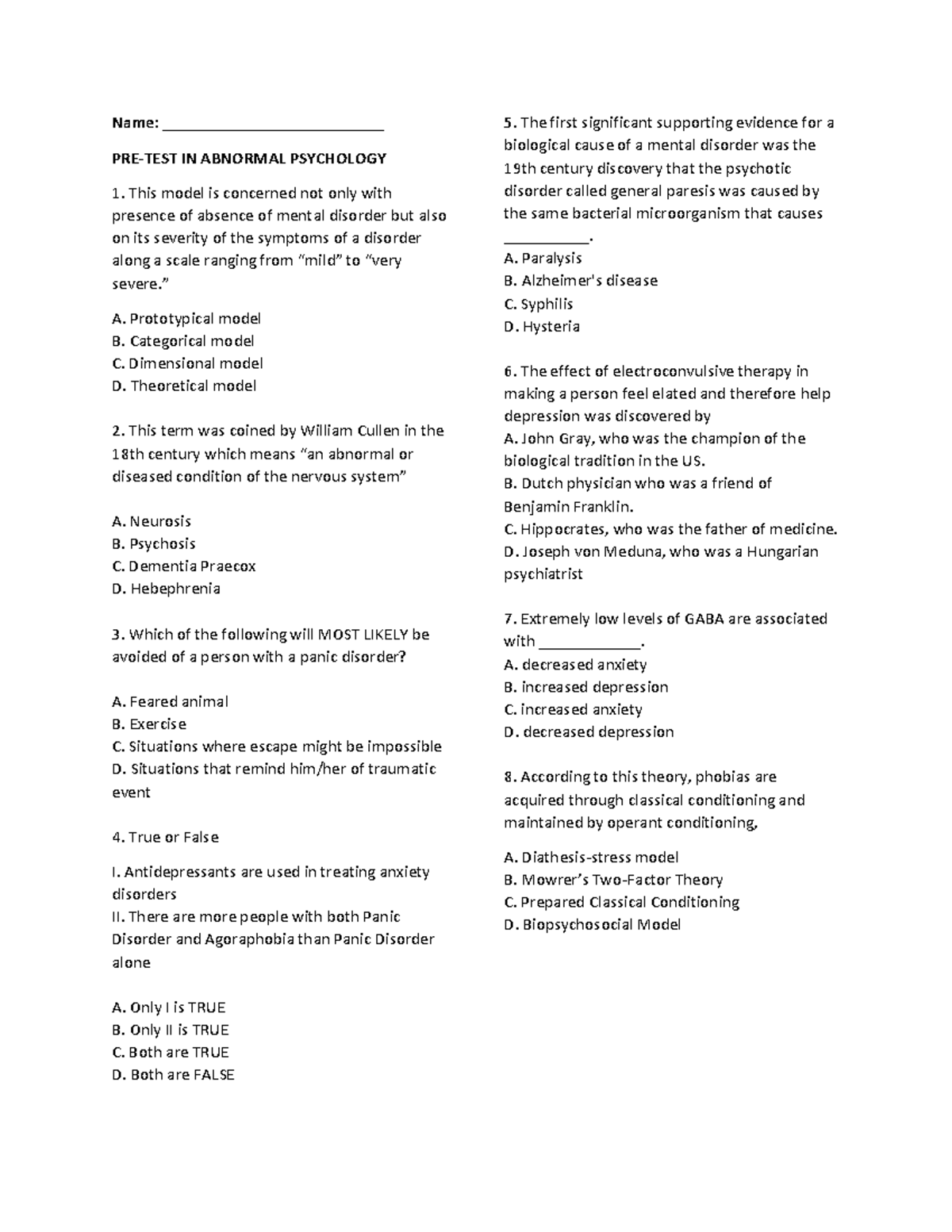 Ab psych pretest - Name: __________________________ PRE-TEST IN ...