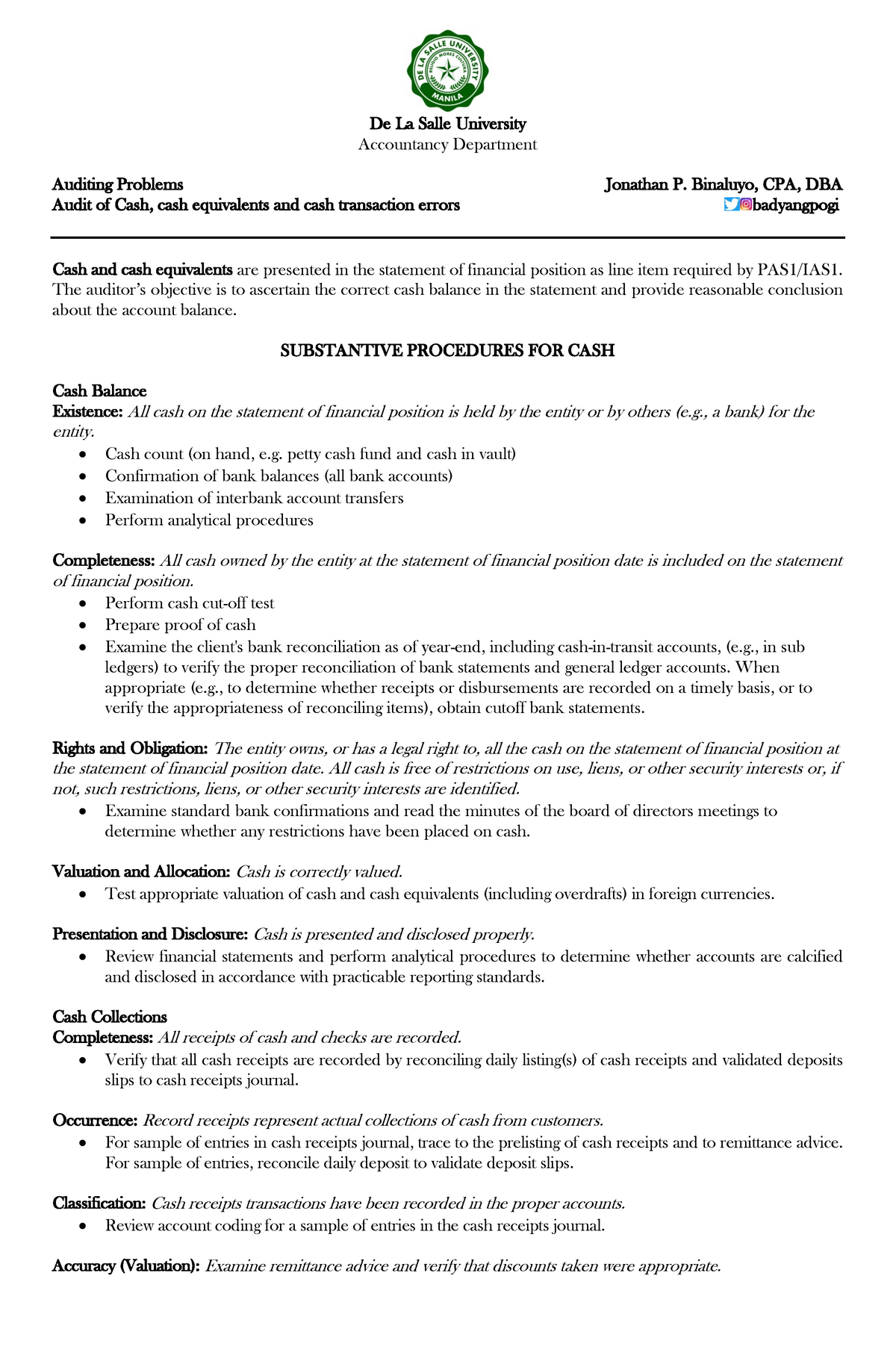 1 AUD OF C & CE - Problem sets - De La Salle University Accountancy ...