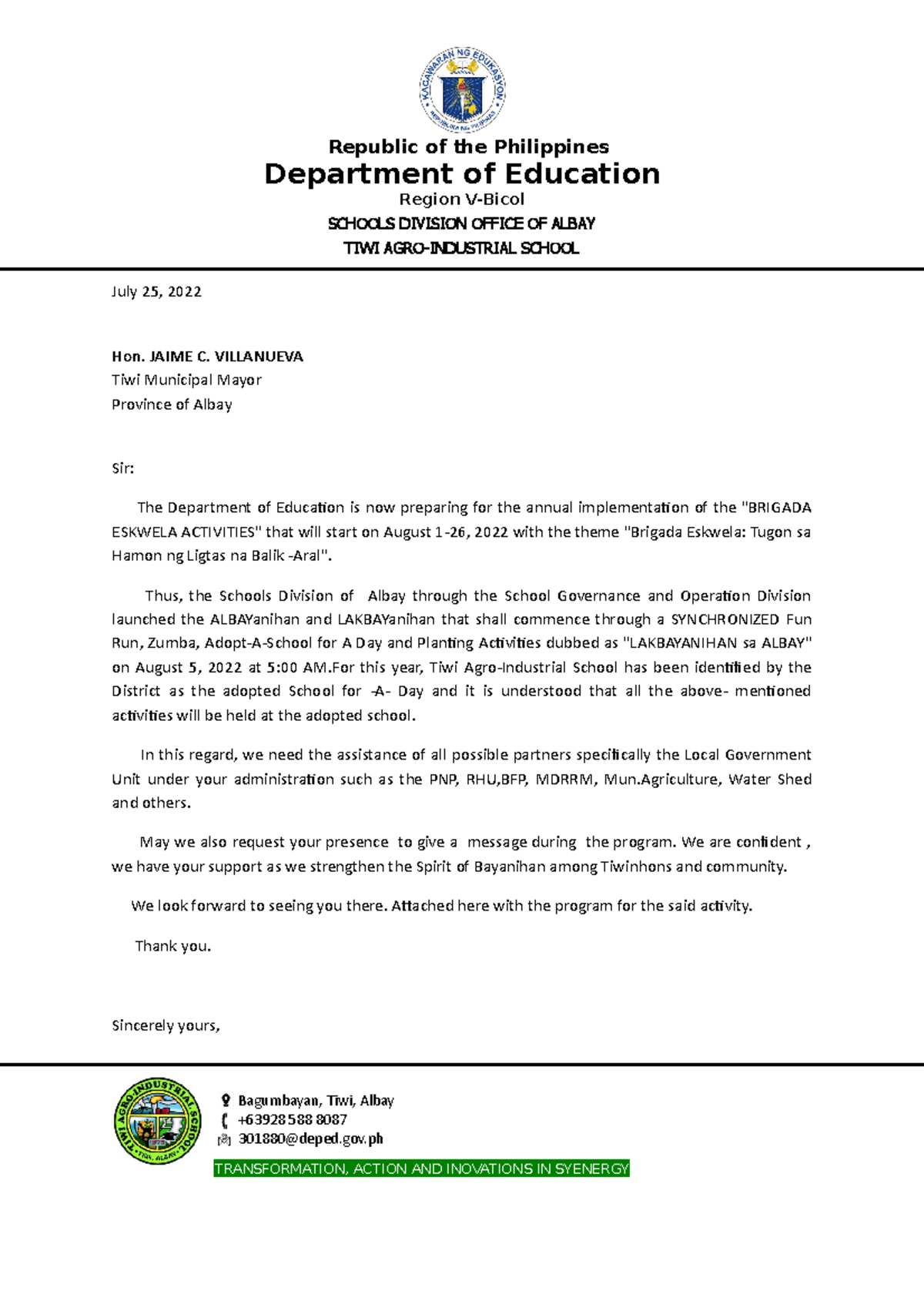 BE letter to GSO - cBCHJAGcJCV - Department of Education Region V-Bicol ...