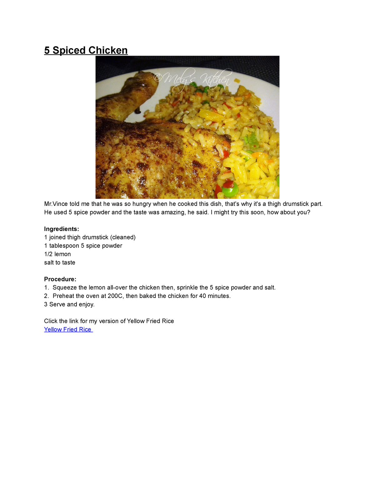 5 Spiced Chicken - Recipe - 5 Spiced Chicken Mr told me that he was so ...