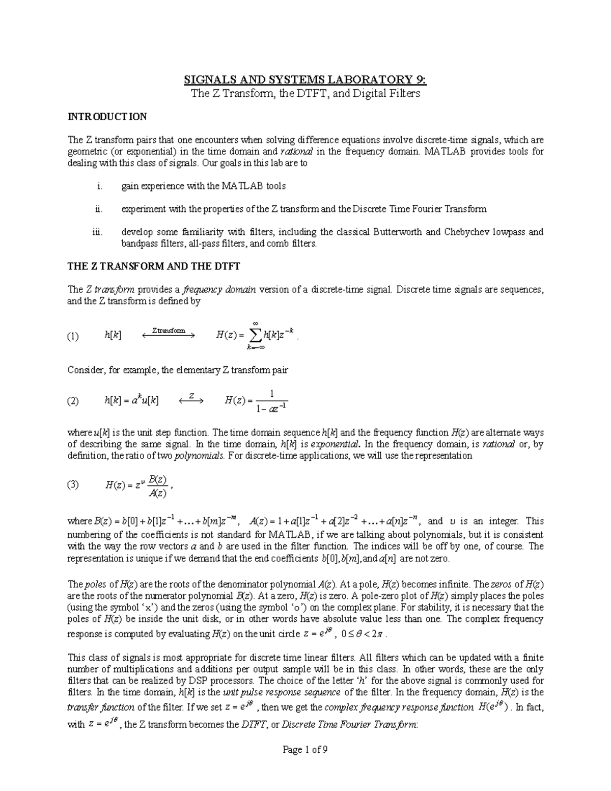 Z-transform-Laboratory - SIGNALS AND SYSTEMS LABORATORY 9: The Z ...