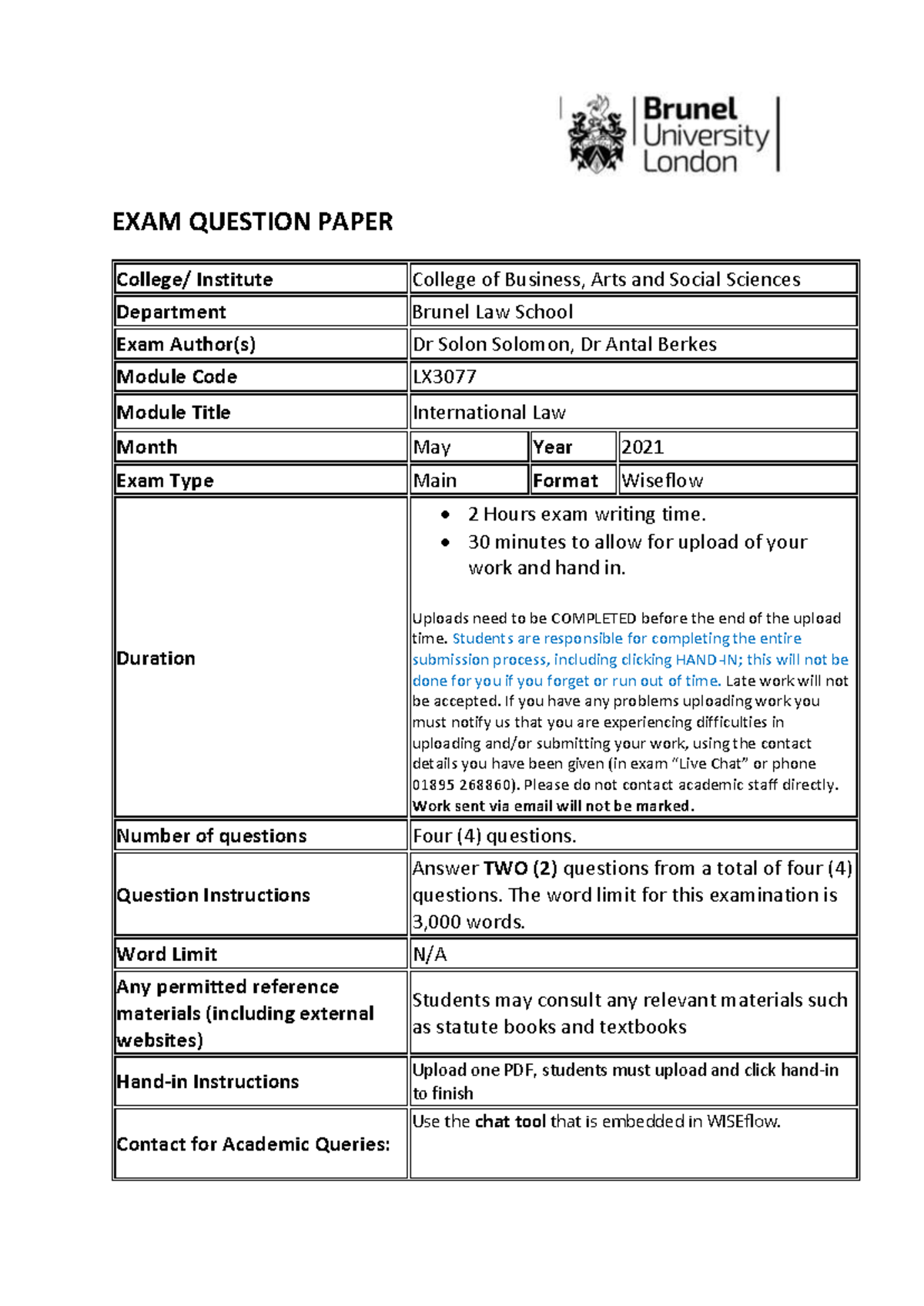 International Law Past Questions - EXAM QUESTION PAPER College ...