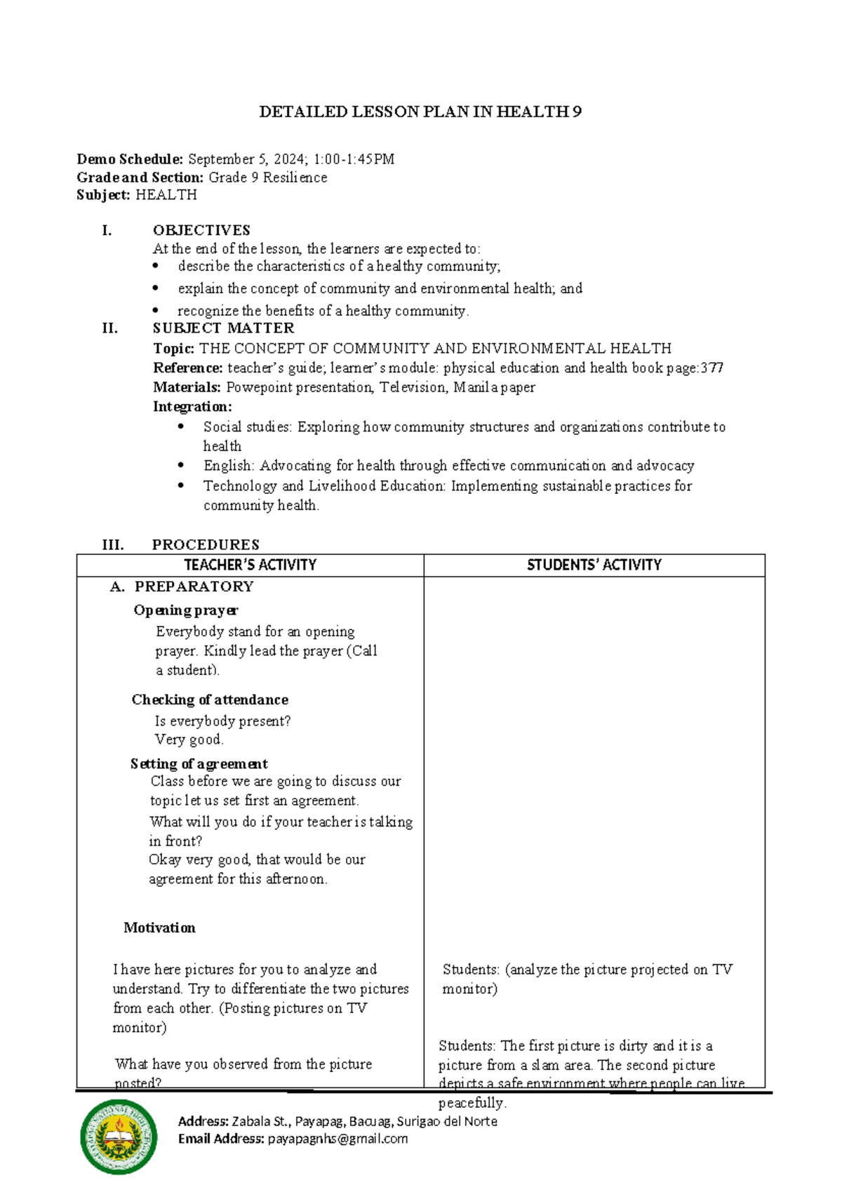 CO1 Health 9Q1 - ....... - DETAILED LESSON PLAN IN HEALTH 9 Demo ...