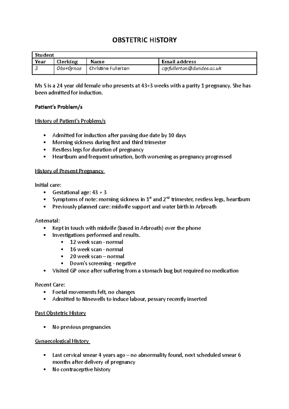 Obs gynae history taking OBSTETRIC HISTORY StudentYear Clerking Name