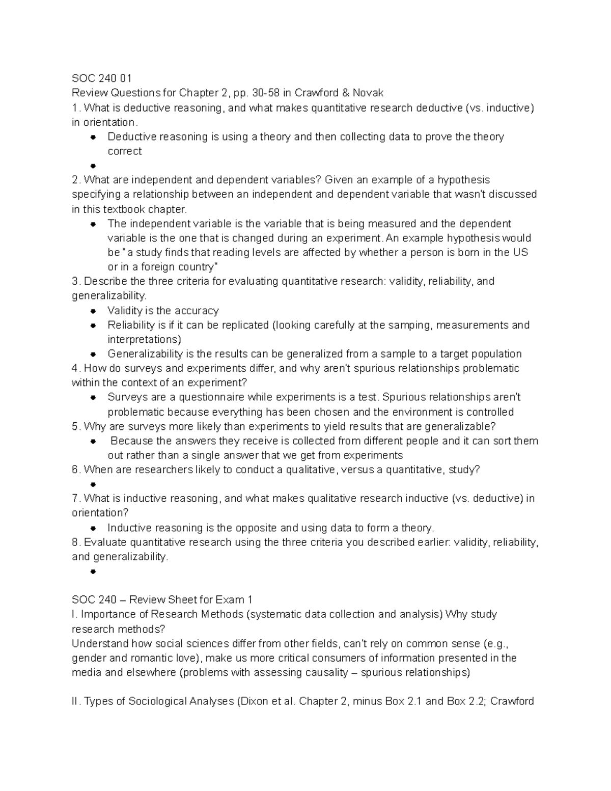 Soc 240 exam 1 - Dr. Crawford - SOC 240 01 Review Questions for Chapter ...