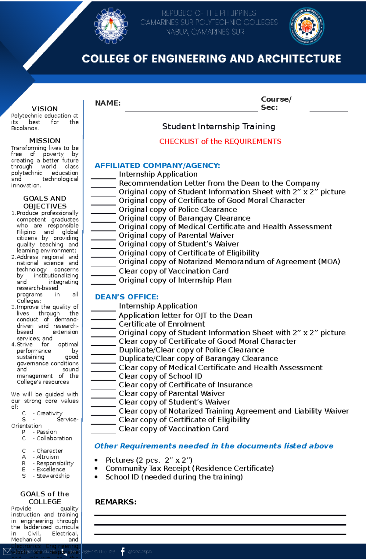 checklist in ojt - NAME: Course/ Sec: Student Internship Training ...