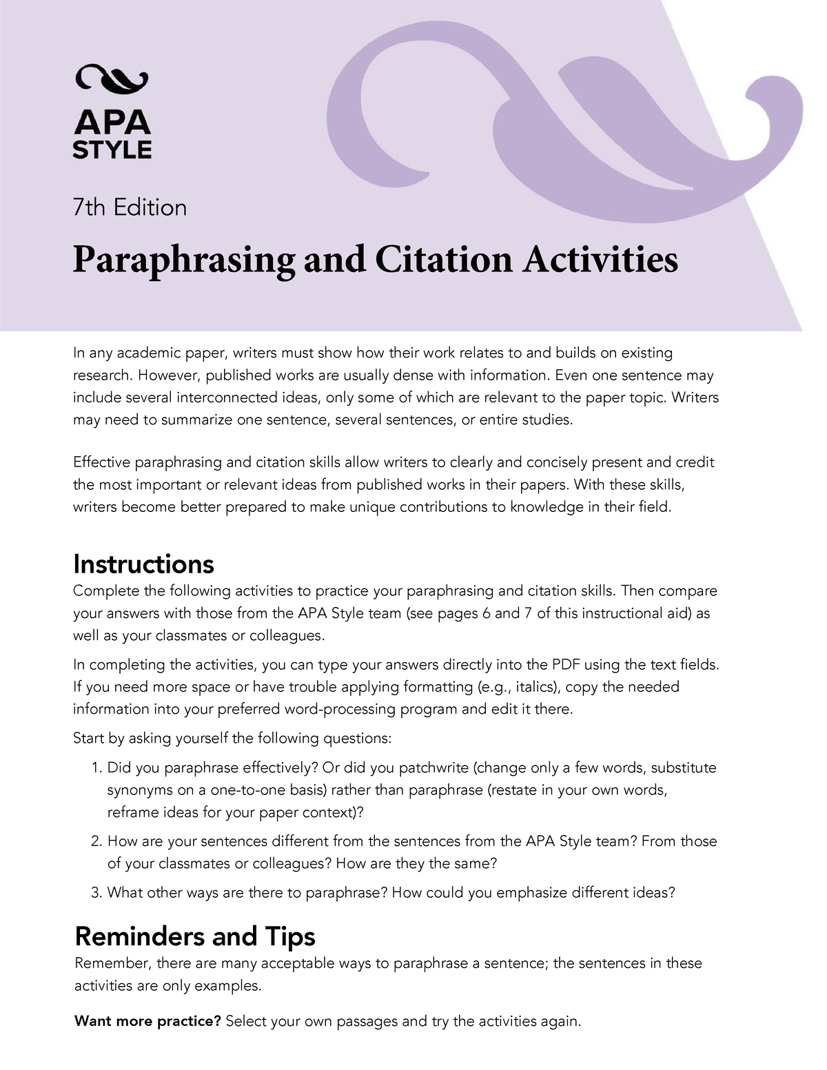 Paraphrasing-citation-activities for english class for study - 1 on a one -to-one basis) rather than - Studocu