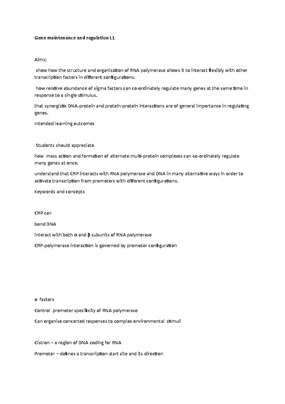 L1 genes - Lecture notes 1 - Gene maintenance and regulation L1 Aims ...
