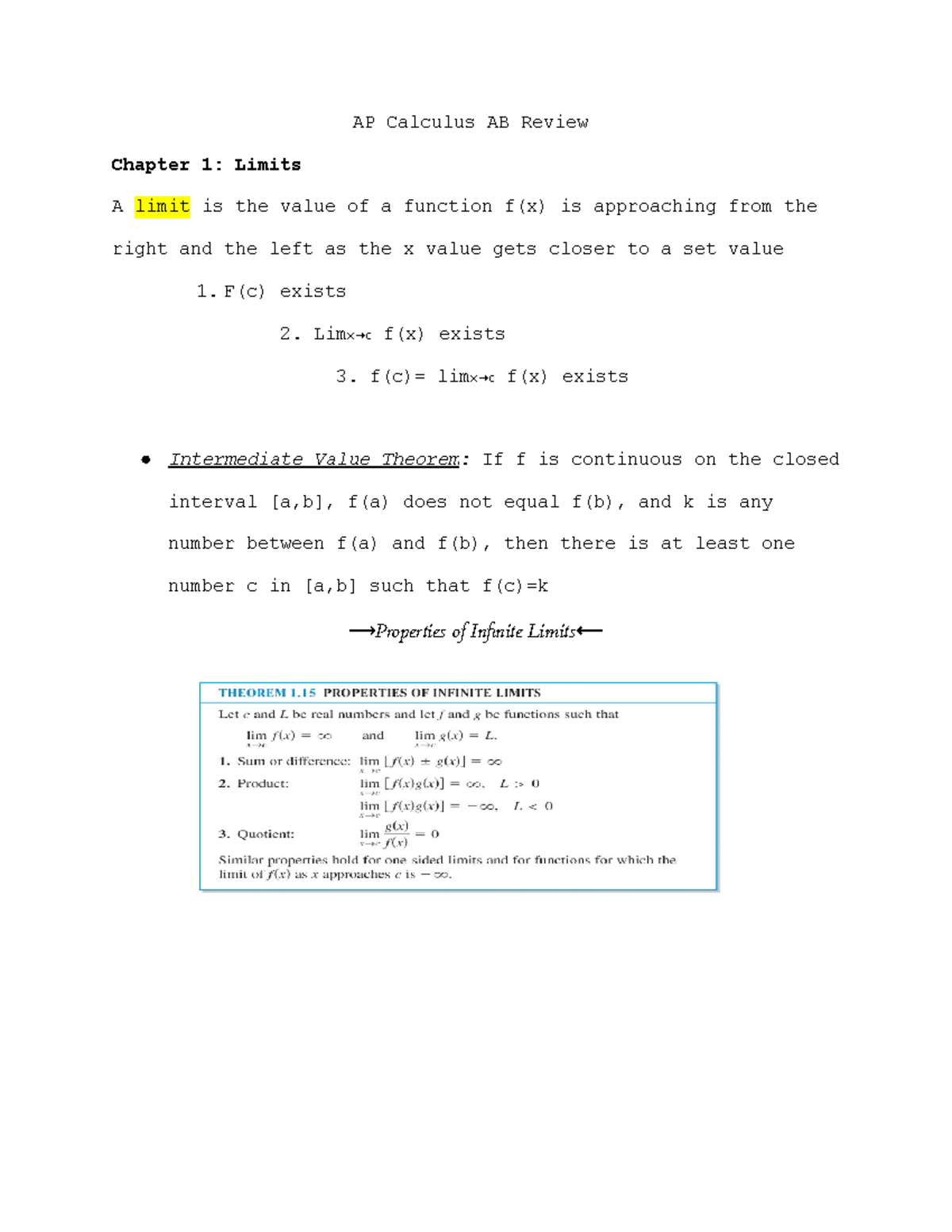 Calculus AB Review - AP Calculus AB Review Chapter 1: Limits A Limit Is ...