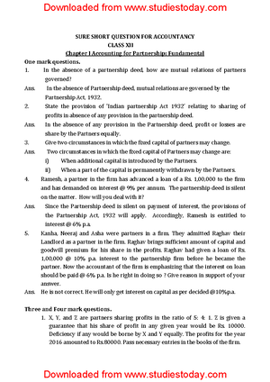 Cbse Class 12 Accountancy Accounting For Partnership Firms 1 Sure Short Question For Accountancy Studocu