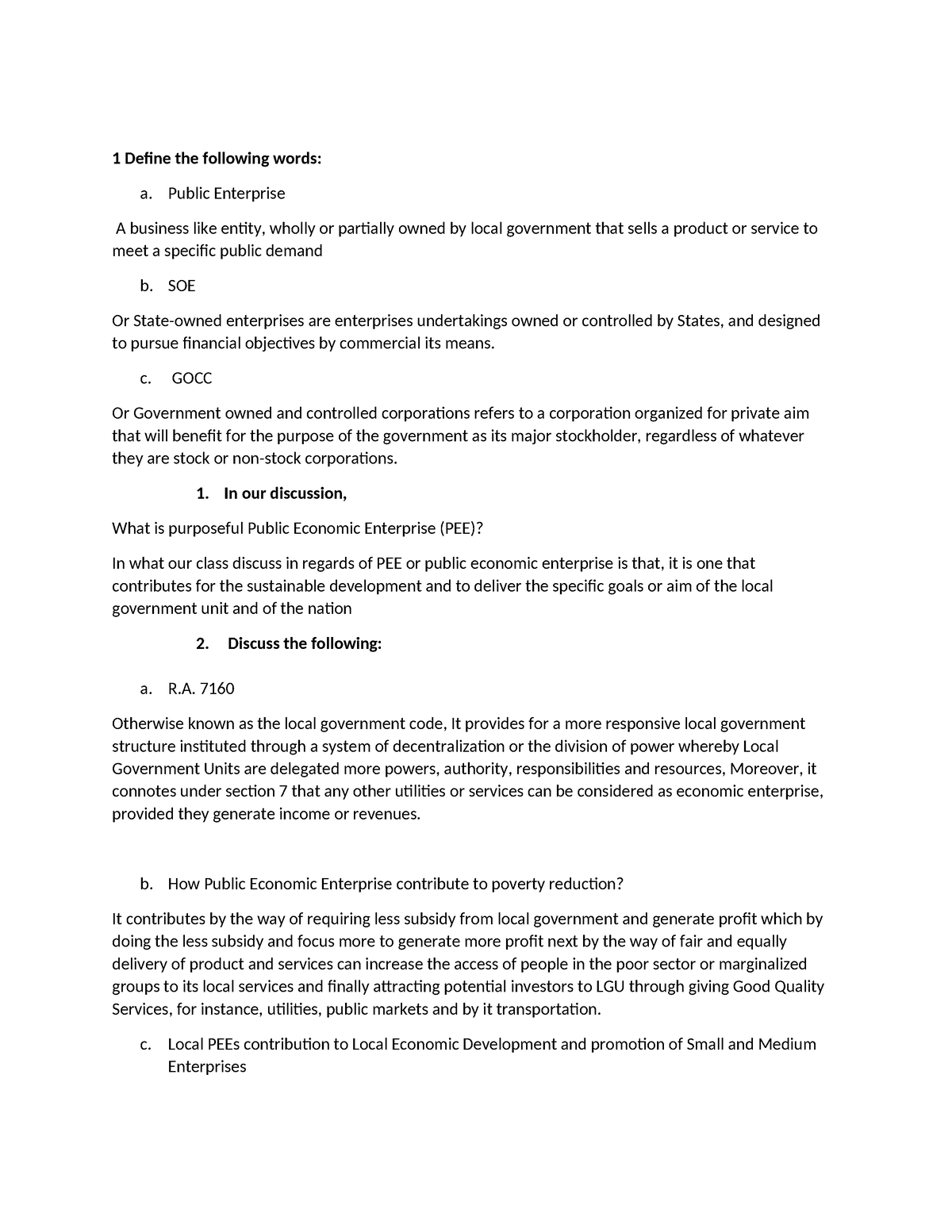 Public enterprise - 1 Define the following words: a. Public Enterprise ...