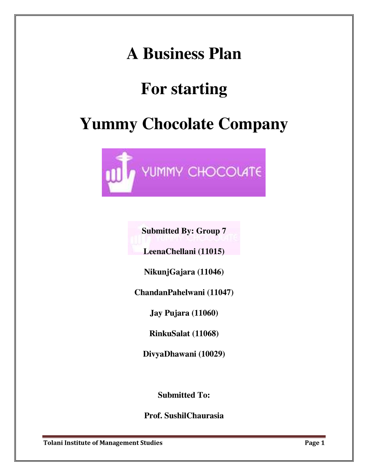 sample business plan for chocolate factory