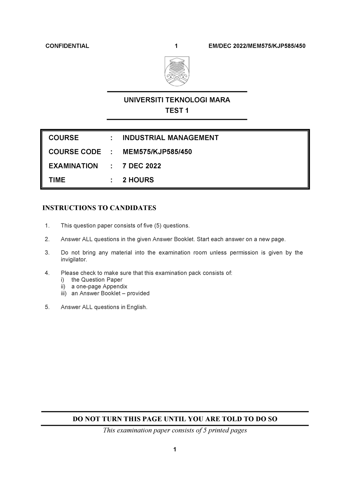 Document - INDUSTRIAL MANAGEMENT - UNIVERSITI TEKNOLOGI MARA TEST 1 ...