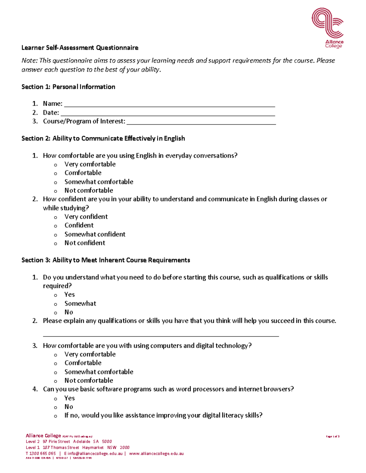 Learner self assessment questionnaire(0C15C276 5177 4918 89E3 699F99970 ...