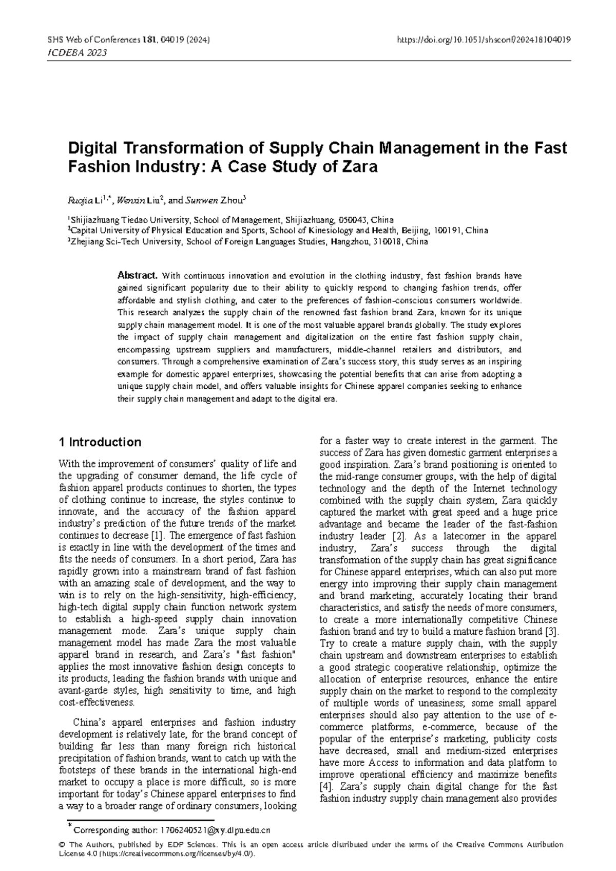 Digital Transformation of Supply Chain of Zara - Corresponding author ...