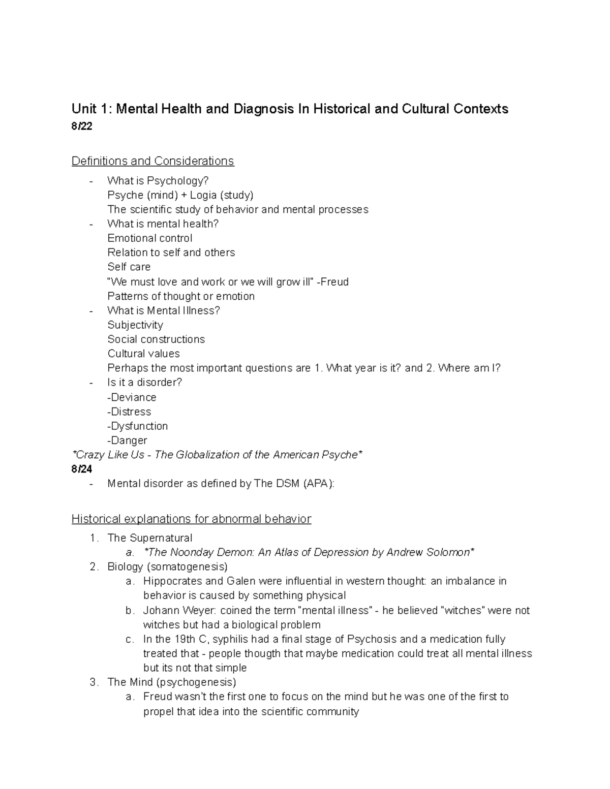 Unit 1 And 2 Notes - Unit 1: Mental Health And Diagnosis In Historical ...